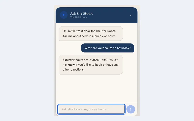 The salon demo answering a Saturday-hours question