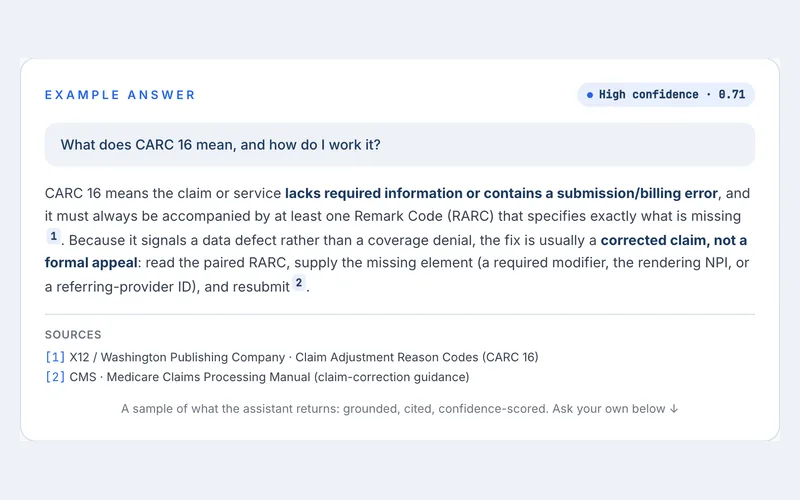 The billing demo answering CARC 16 with two cited sources
