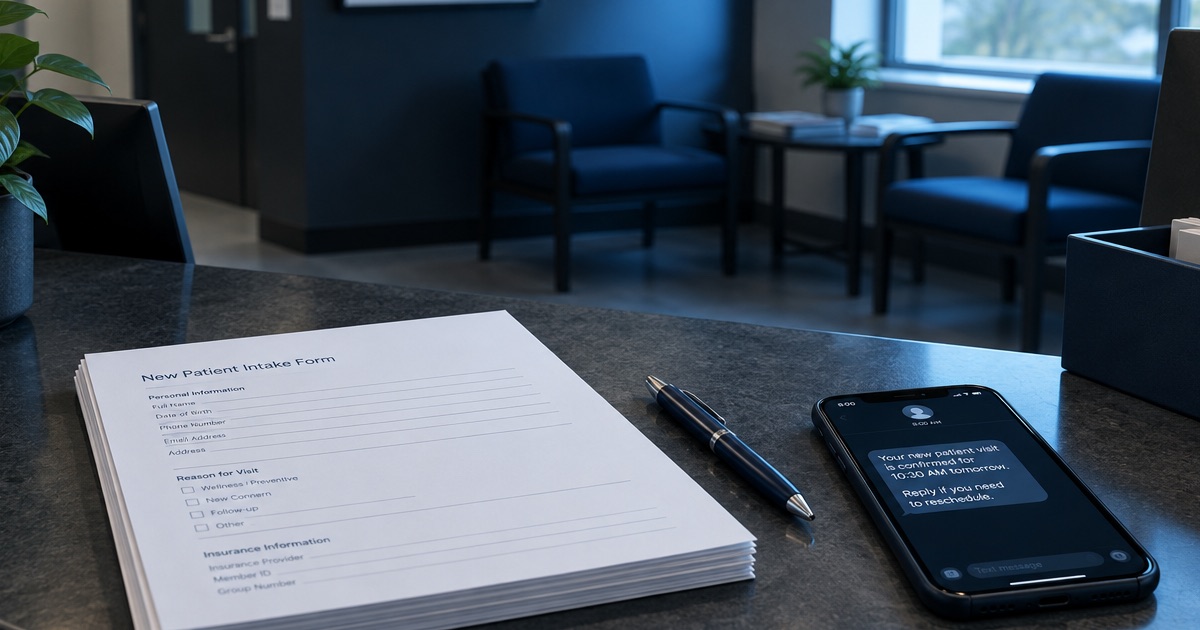 A clinic front desk at 8 am, a stack of new-patient intake forms and a phone confirming a 10:30 visit.