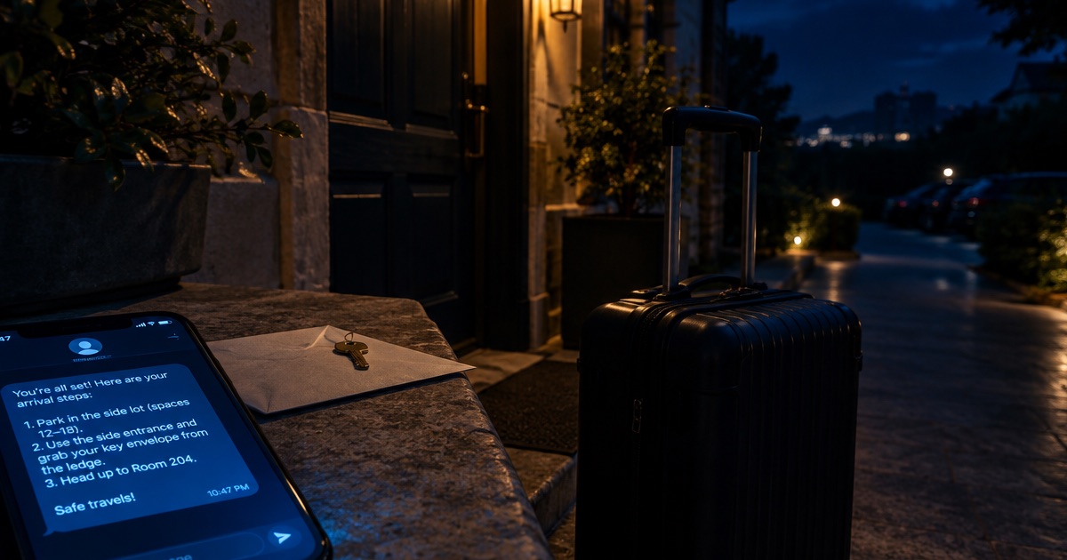 A hotel side entrance at 11 pm, a key envelope on the ledge, a suitcase, and a phone showing the arrival steps.