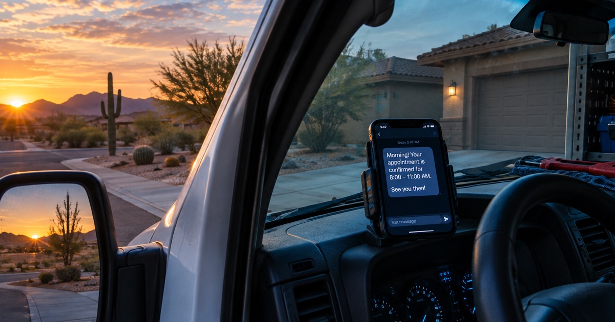 A plumber's van at dawn in a Goodyear driveway, the phone on the dash confirming an 8 to 11 morning window.